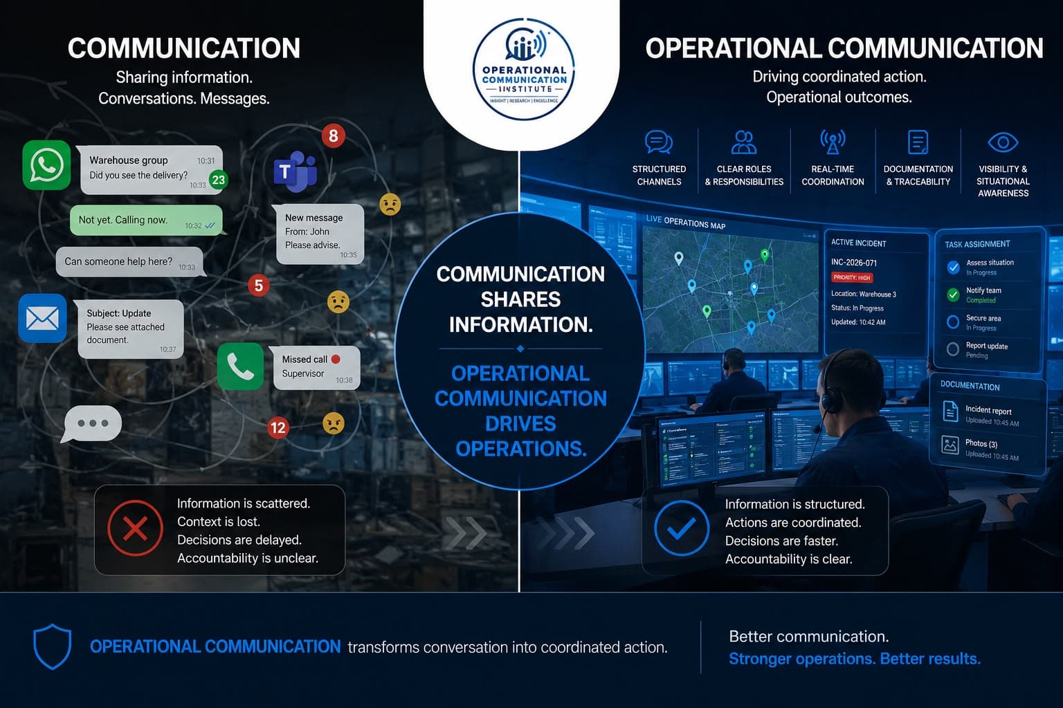 Comparison: everyday communication shares information, while Operational Communication drives coordinated action — structured channels, clear roles, real-time coordination, documentation and traceability, visibility and situational awareness.