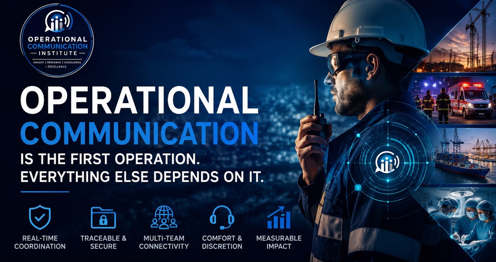 Operational Communication is the first operation — everything else depends on it. Real-time coordination, traceable and secure, multi-team connectivity, comfort and discretion, measurable impact — across construction, emergency response, logistics, and healthcare.